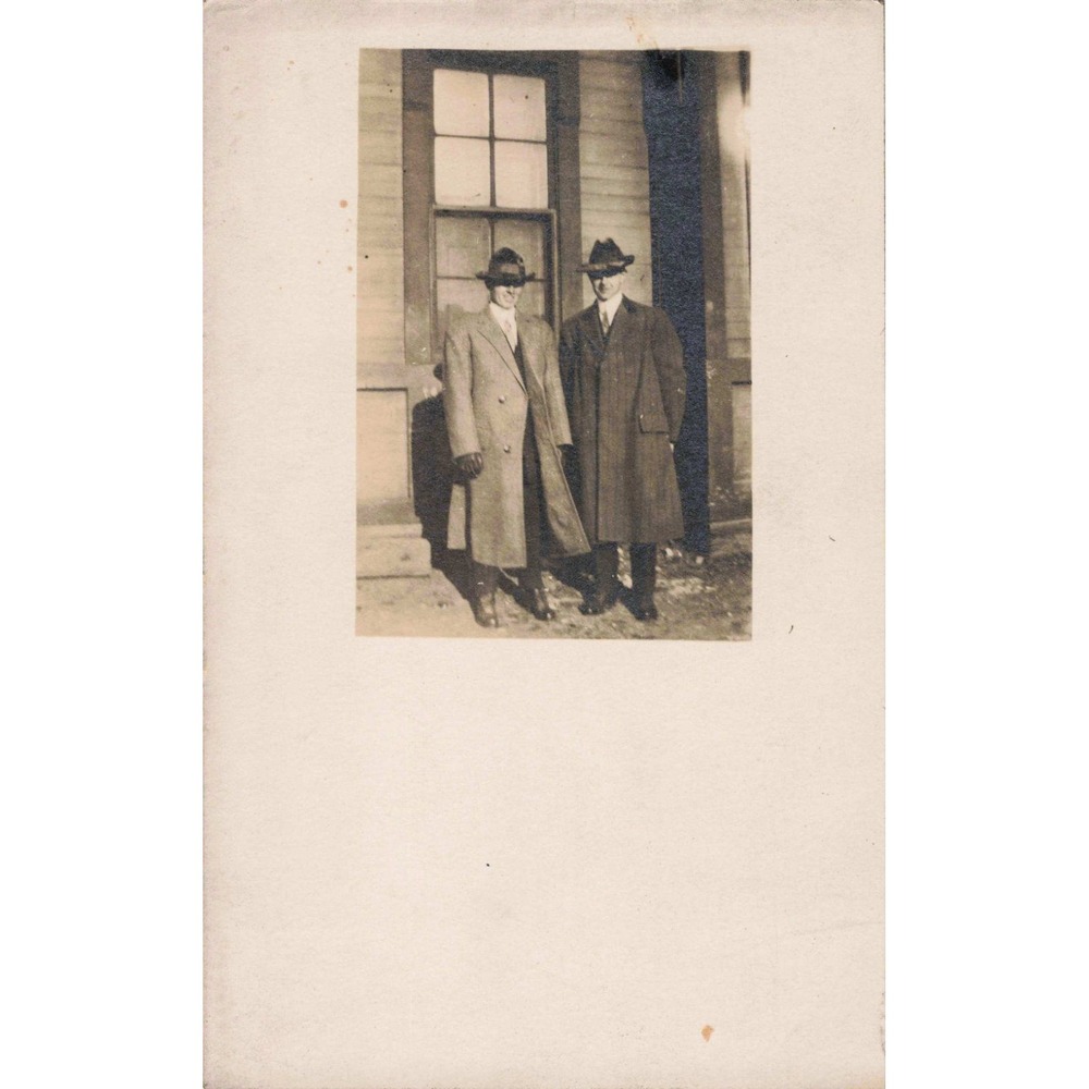 Vintage RPPC Real Photo Postcard Two Men in Overcoats and Fedora Hats Cyko VG - Picture 1 of 2